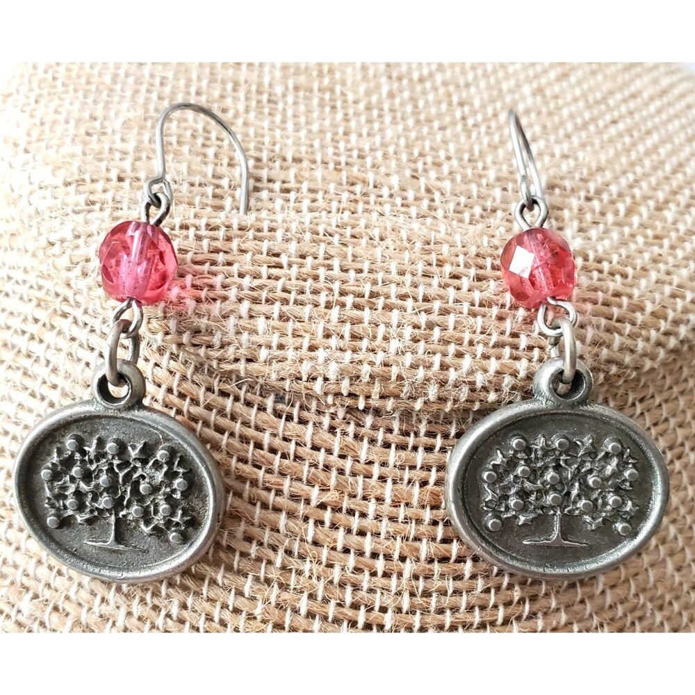 Tree of Life Earrings Silvertone Oval Pewter Pink Beads Dangle 1.5" Vintage "G"